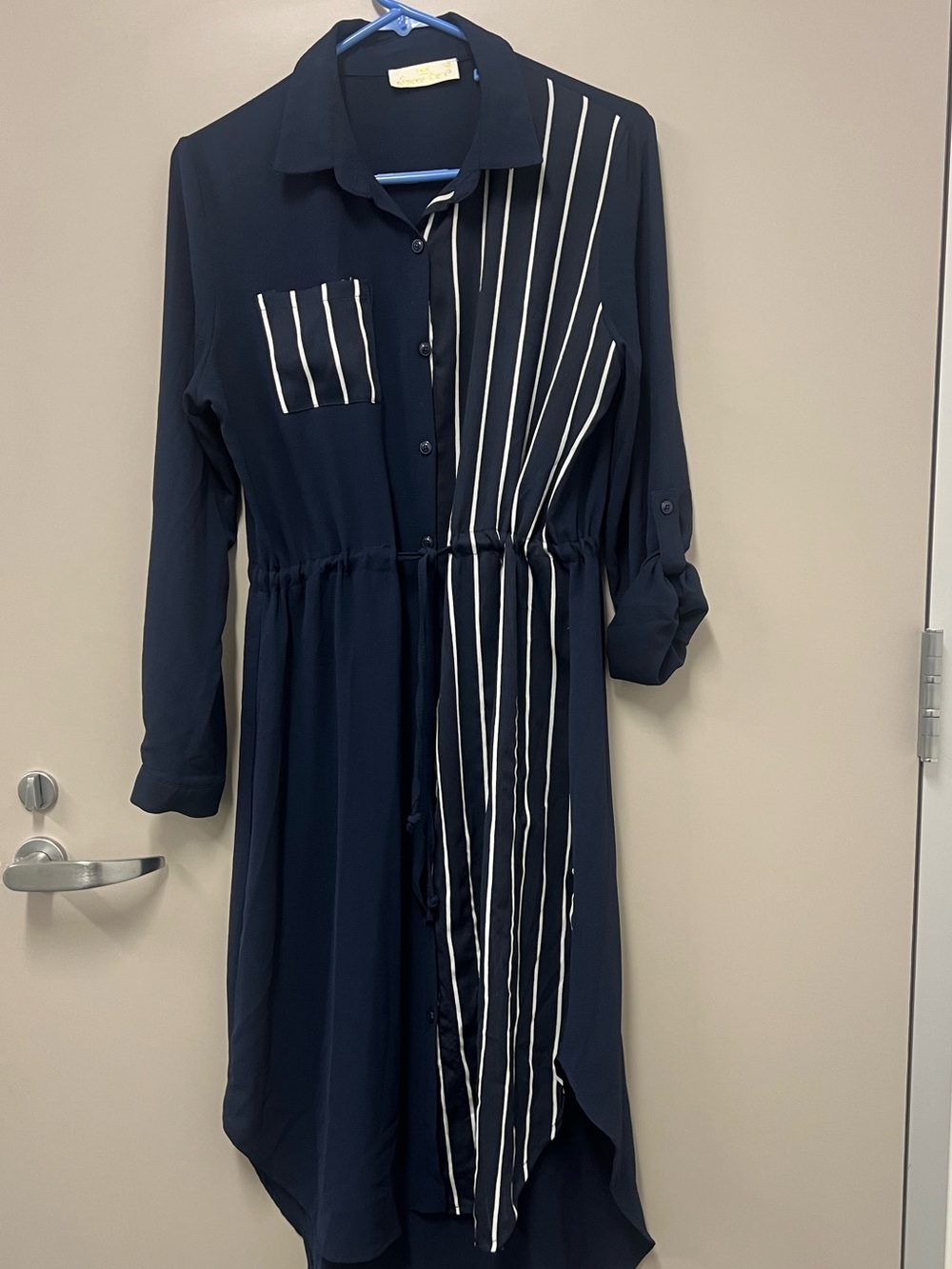Striped Navy Button-Front Tunic with Waist Tie